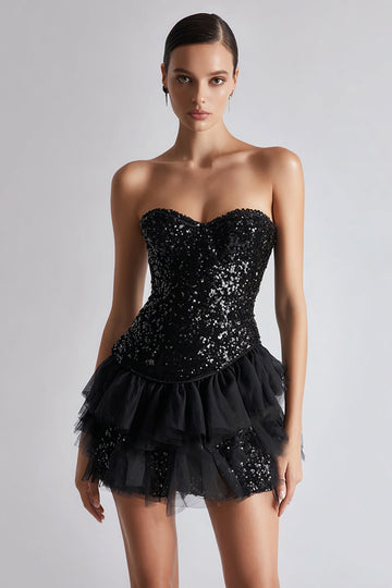 Sweetheart Bodycon Black Mini Dress With Sequins